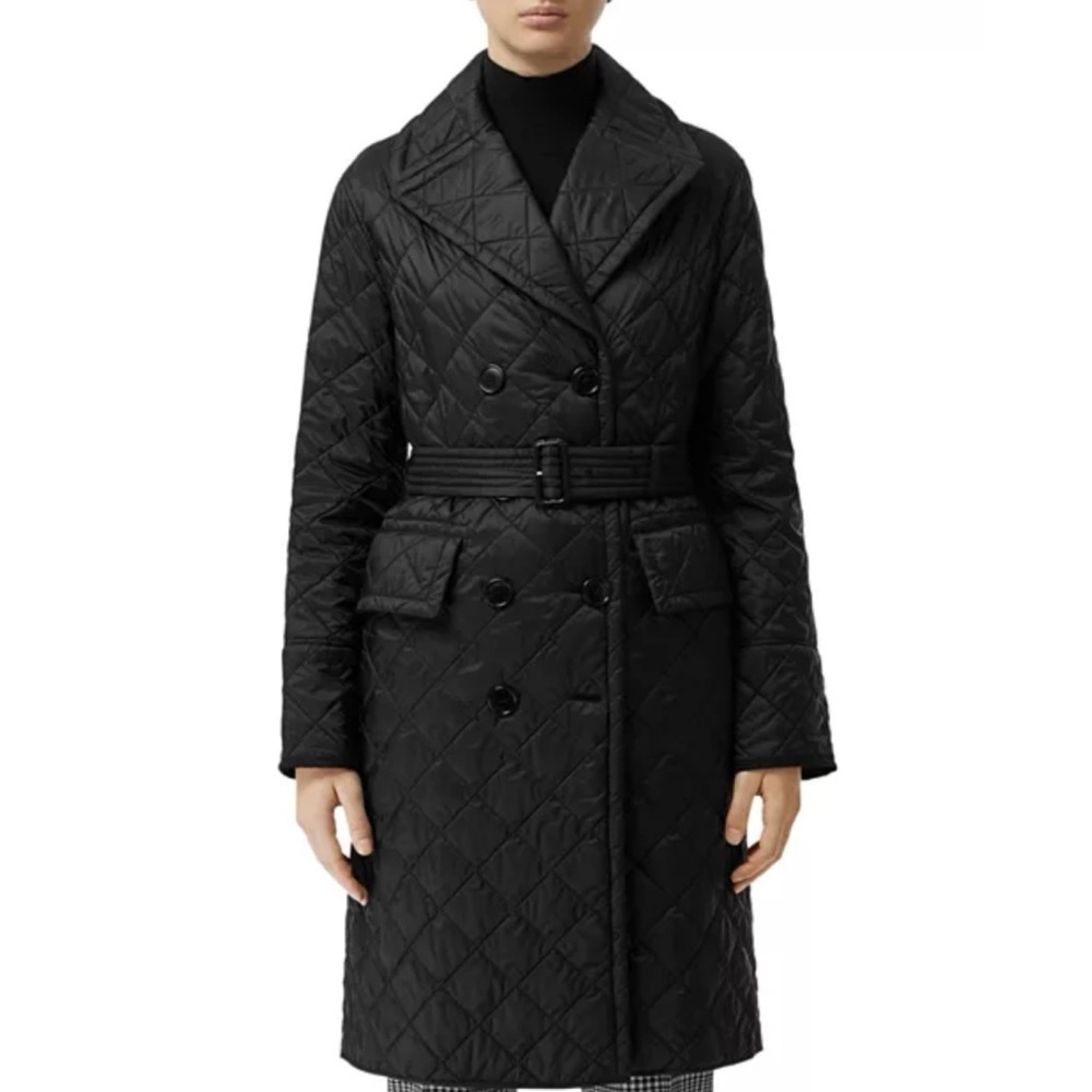 Burberry Quilted Double-Breasted Belted Trench Jacket Black Womens XS